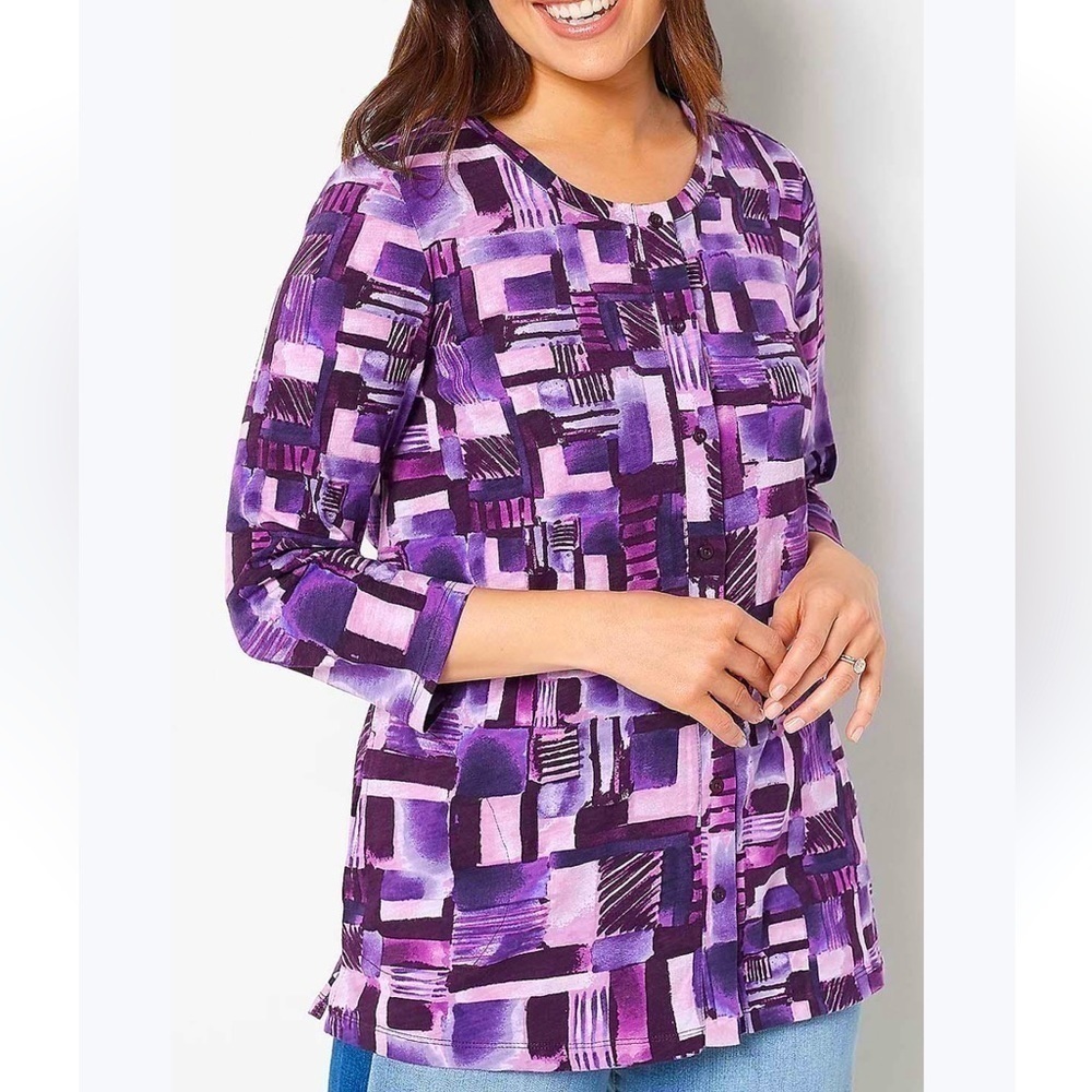 LOGO by Lori Goldstein Printed Cotton Slub 3/4 Sleeve Cardigan Purple‎ Geometric